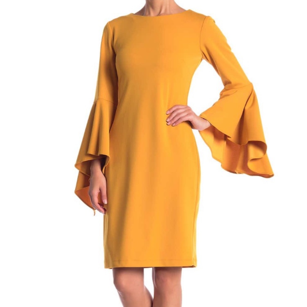 Marina long bell sleeve sheath dress, mustard